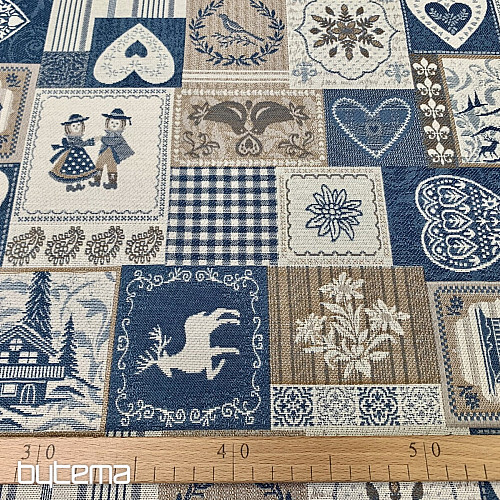 Tela jacquard decorativa PATCHWORK CORAZONES AZUL