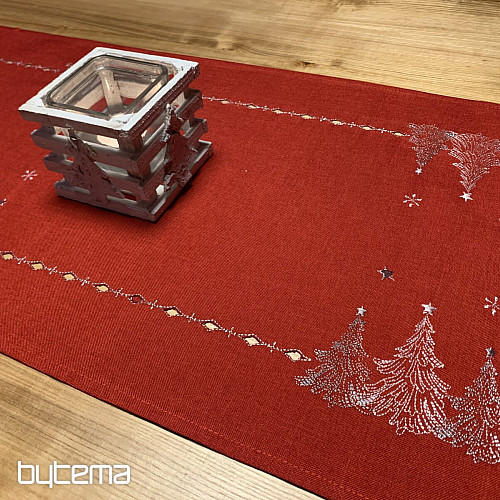 Mantel y pañuelos navideños bordados ARBOLES ROJOS