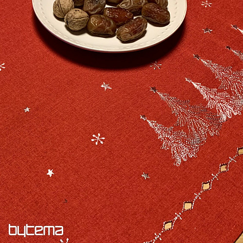 Mantel y pañuelos navideños bordados ARBOLES ROJOS