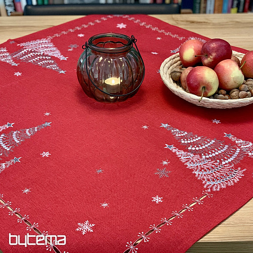 Mantel y pañuelos navideños bordados ARBOLES ROJOS