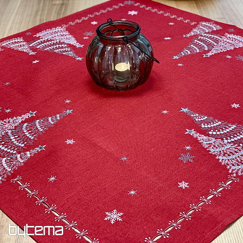 Mantel y pañuelos navideños bordados ARBOLES ROJOS