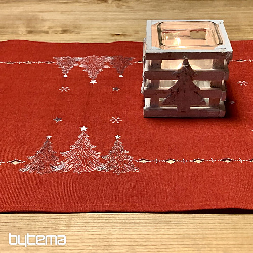 Mantel y pañuelos navideños bordados ARBOLES ROJOS