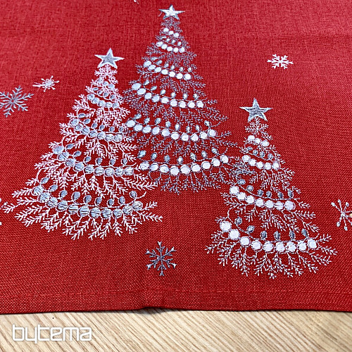 Mantel y pañuelos navideños bordados ARBOLES ROJOS