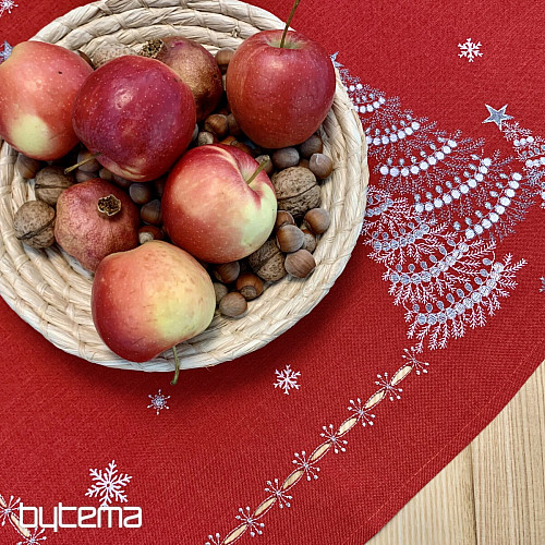 Mantel y pañuelos navideños bordados ARBOLES ROJOS