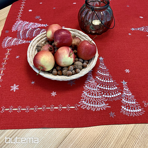Mantel y pañuelos navideños bordados ARBOLES ROJOS