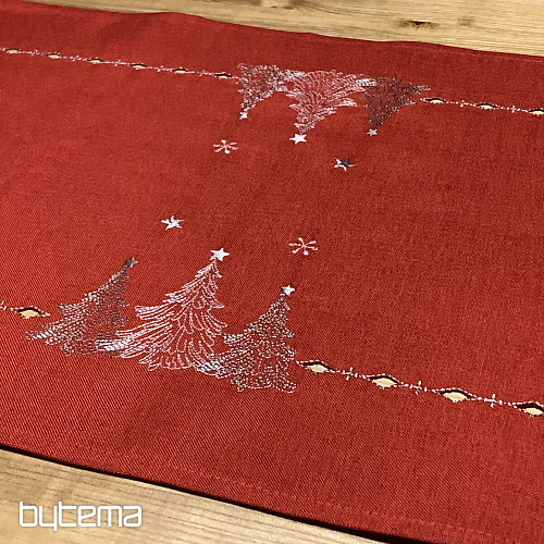 Mantel y pañuelos navideños bordados ARBOLES ROJOS