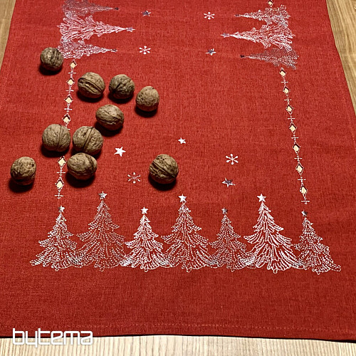 Mantel y pañuelos navideños bordados ARBOLES ROJOS