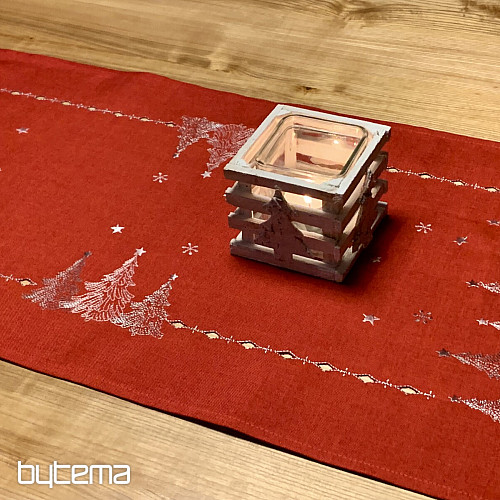 Mantel y pañuelos navideños bordados ARBOLES ROJOS