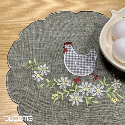 Mantel y pañuelo de Pascua bordado GALLINA Y FLORES gris