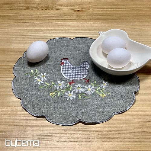 Mantel y pañuelo de Pascua bordado GALLINA Y FLORES gris