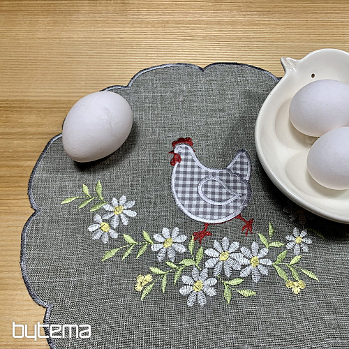 Mantel y pañuelo de Pascua bordado GALLINA Y FLORES gris