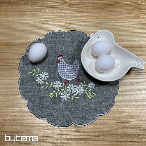 Mantel y pañuelo de Pascua bordado GALLINA Y FLORES gris