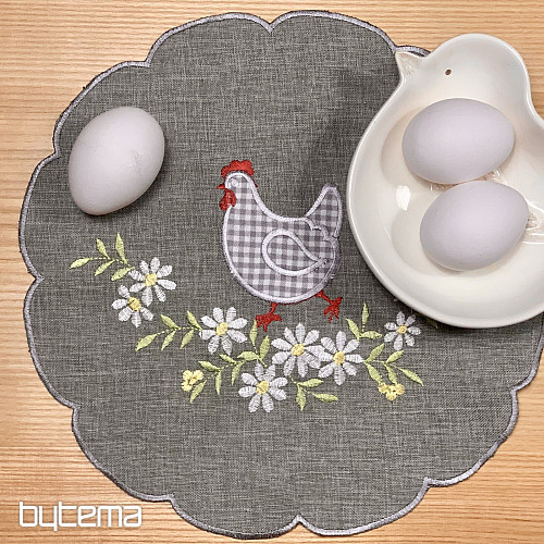 Mantel y pañuelo de Pascua bordado GALLINA Y FLORES gris