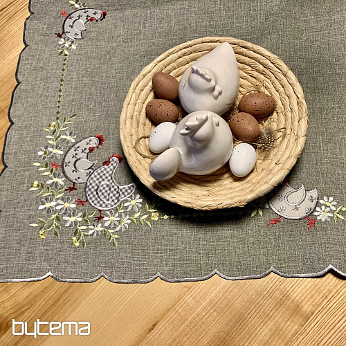 Mantel y pañuelo de Pascua bordado GALLINA Y FLORES gris