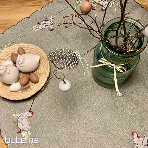 Mantel y pañuelo de Pascua bordado GALLINA Y FLORES gris