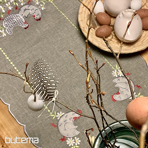 Mantel y pañuelo de Pascua bordado GALLINA Y FLORES gris