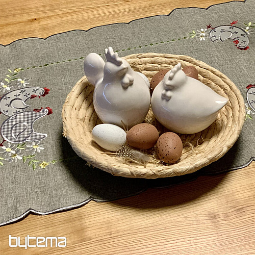 Mantel y pañuelo de Pascua bordado GALLINA Y FLORES gris