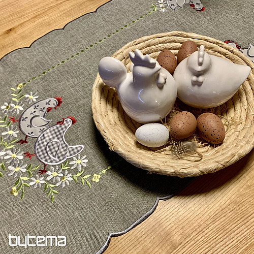 Mantel y pañuelo de Pascua bordado GALLINA Y FLORES gris