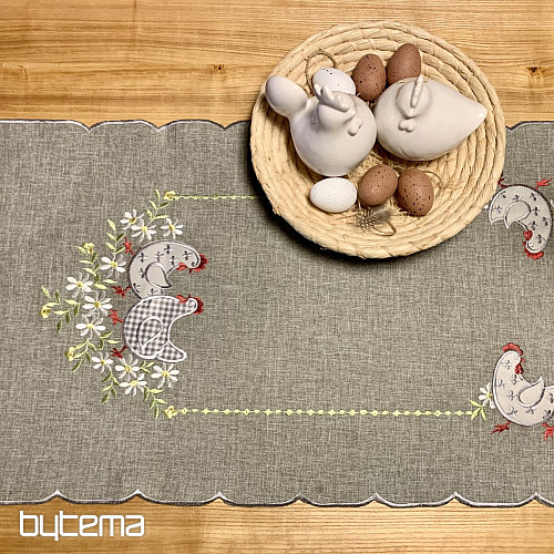 Mantel y pañuelo de Pascua bordado GALLINA Y FLORES gris