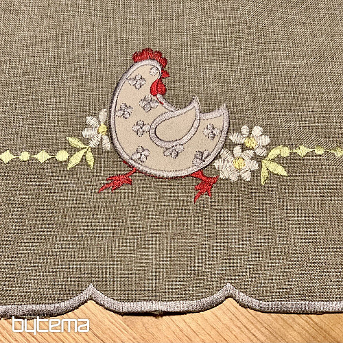 Mantel y pañuelo de Pascua bordado GALLINA Y FLORES gris