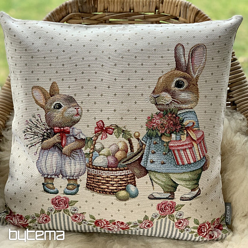 Funda de cojín tapiz CONEJITOS CON ROSAS beige