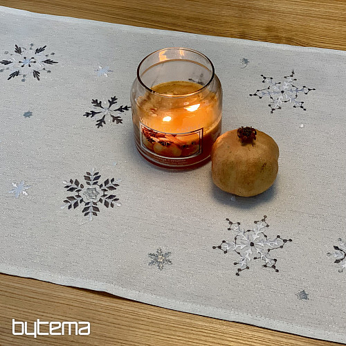 Mantel y pañuelo navideño bordado GRIS ESCAPO BLANCO