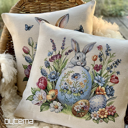 Funda cojín tapiz LIEBRE Y HUEVOS AZULES