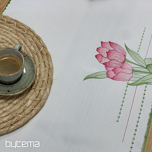 Mantel y bufanda bordados Tulipanes rosas