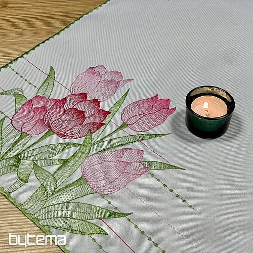 Mantel y bufanda bordados Tulipanes rosas
