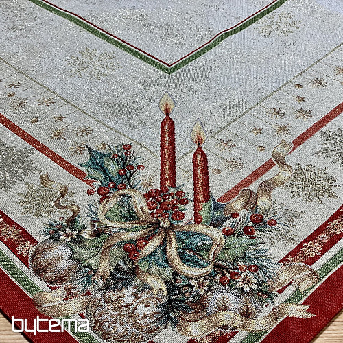 Mantel y pañuelo tapiz VELAS LLAMAS ribete rojo
