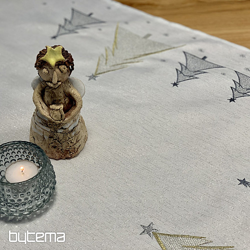 Mantel y bufanda bordados ÁRBOLES GRISES DORADOS