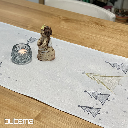 Mantel y bufanda bordados ÁRBOLES GRISES DORADOS