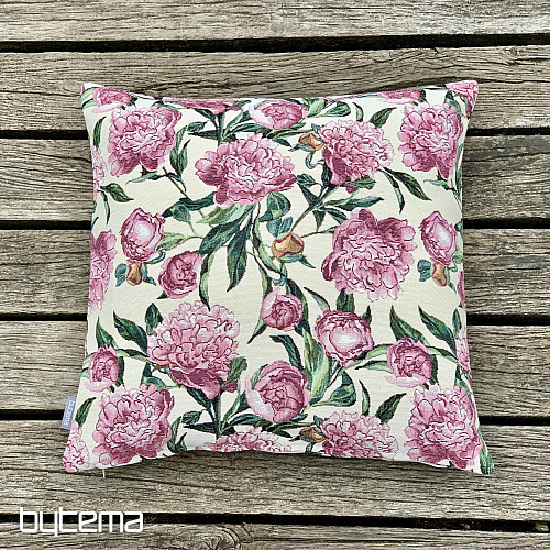Funda de almohada de tapiz con peonías.