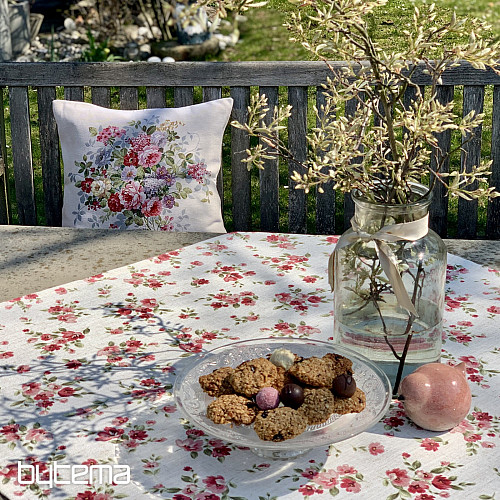 Mantel y bufanda FLOWERS LINO rojo