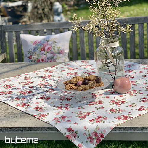 Mantel y bufanda FLOWERS LINO rojo