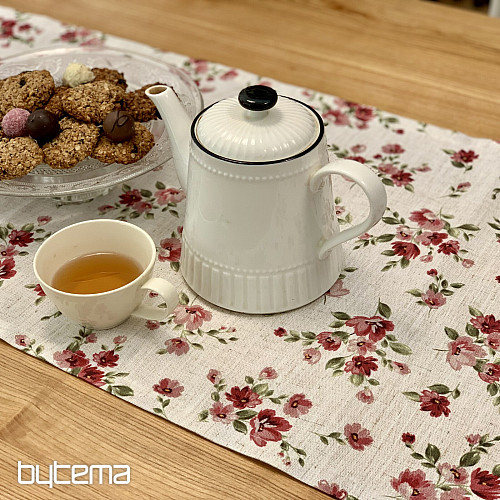 Mantel y bufanda FLOWERS LINO rojo