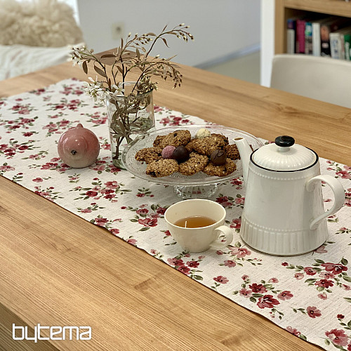 Mantel y bufanda FLOWERS LINO rojo