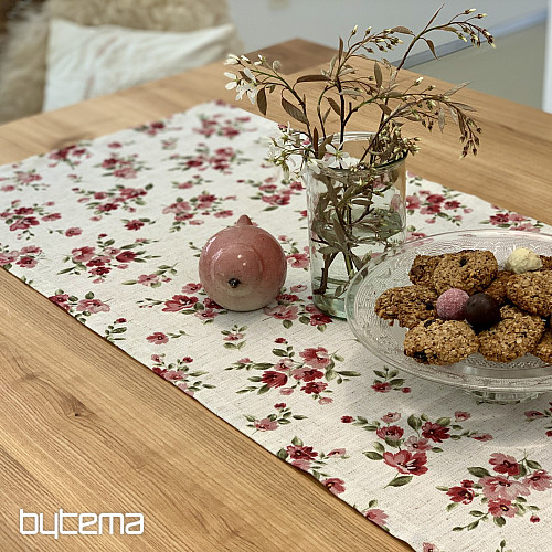 Mantel y bufanda FLOWERS LINO rojo