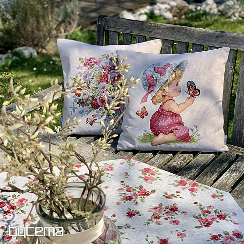 Mantel y bufanda FLOWERS LINO rojo