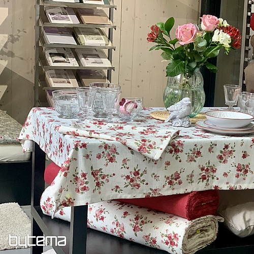 Mantel y bufanda FLOWERS LINO rojo