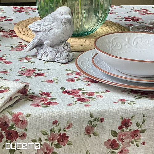 Mantel y bufanda FLOWERS LINO rojo