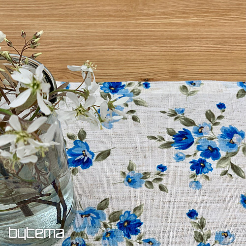 Mantel y bufanda FLOWERS LINO azul