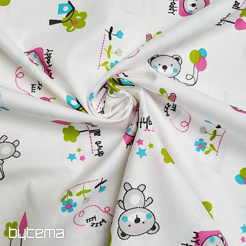 Tela infantil OSITO DE PELUCHE rosa verde