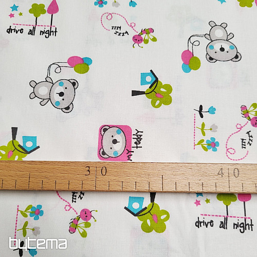 Tela infantil OSITO DE PELUCHE rosa verde