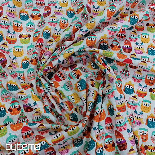 Tela de algodón de colores BÚHOS EN INVIERNO