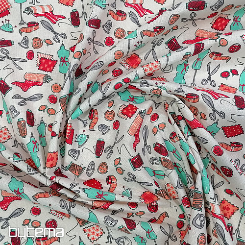 Tela de algodón TALLER DE COSTURA turquesa-rojo