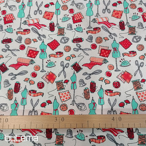 Tela de algodón TALLER DE COSTURA turquesa-rojo