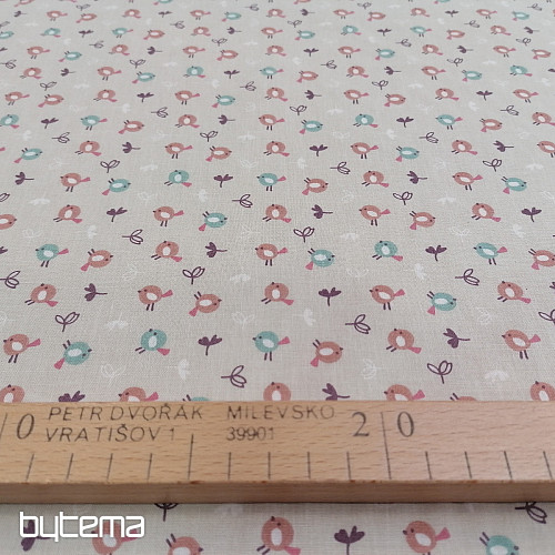 Tela de algodón MIOU pájaros beige