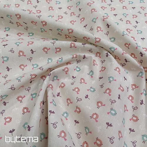 Tela de algodón MIOU pájaros beige